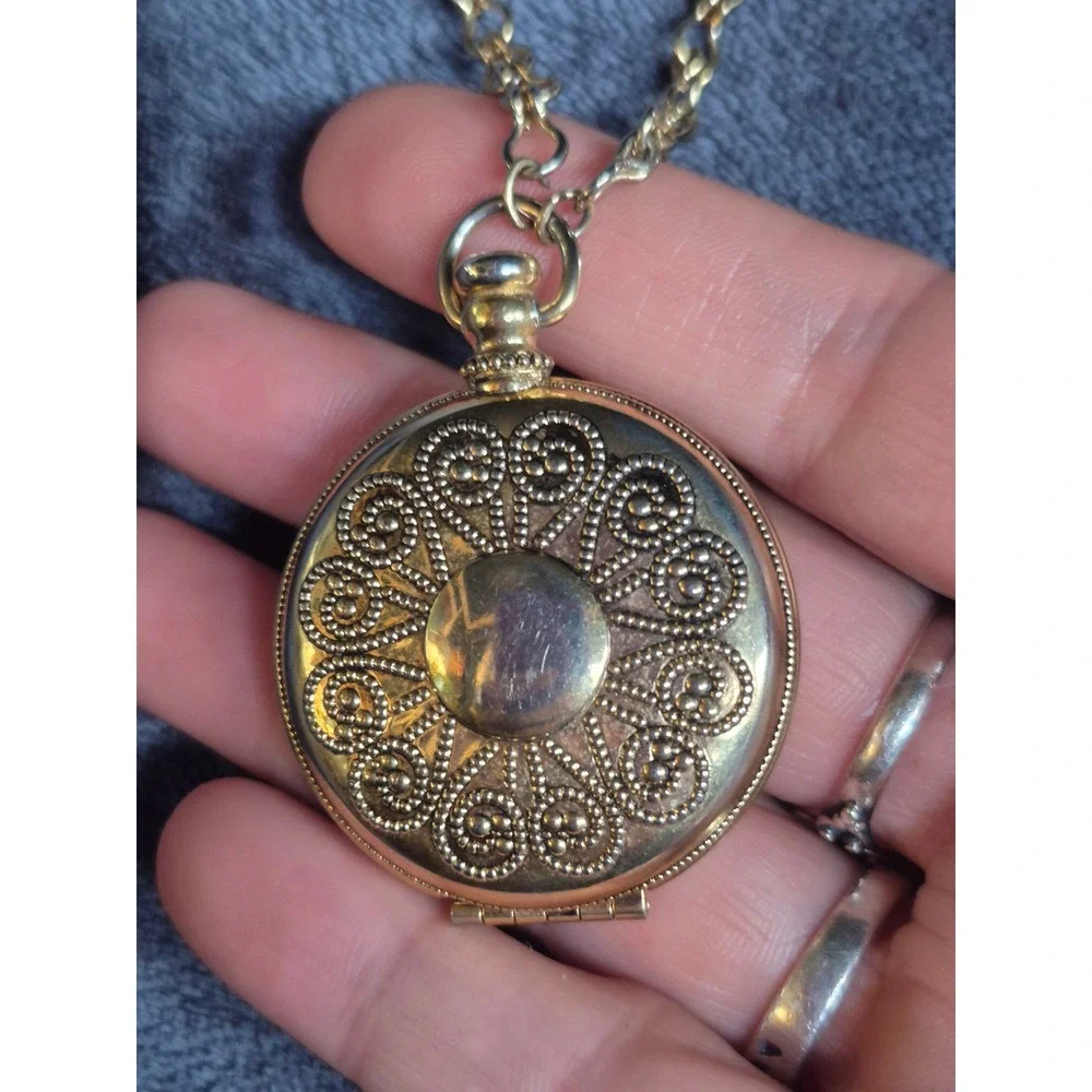 Vintage Long Avon Amber Glass Filigree Locket Necklace Gold Tone Victorian Style